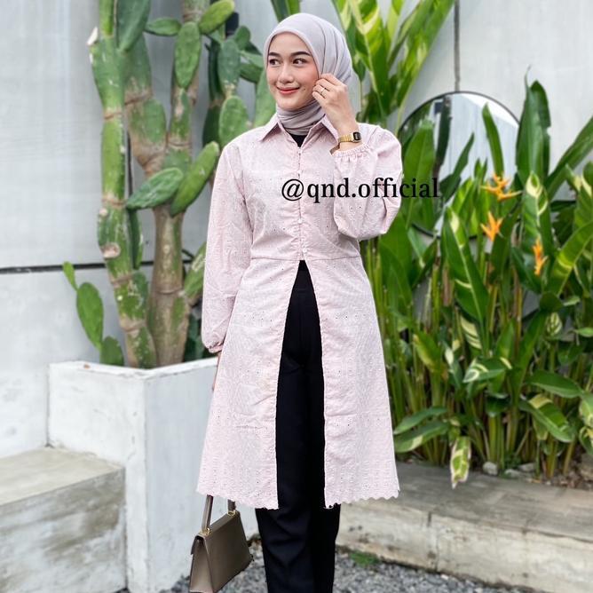 Elea Tunik Katun Bordir Bunga Putih Long Tunik Brokenwhite Muslim Motif Karet Nyaman Wanita Panjang