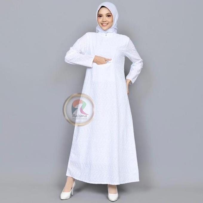 Raisma - Dory Set Gamis Putih Untuk Umroh Haji Model Kantong Dada Busana Muslimah Perlengkapan Umroh