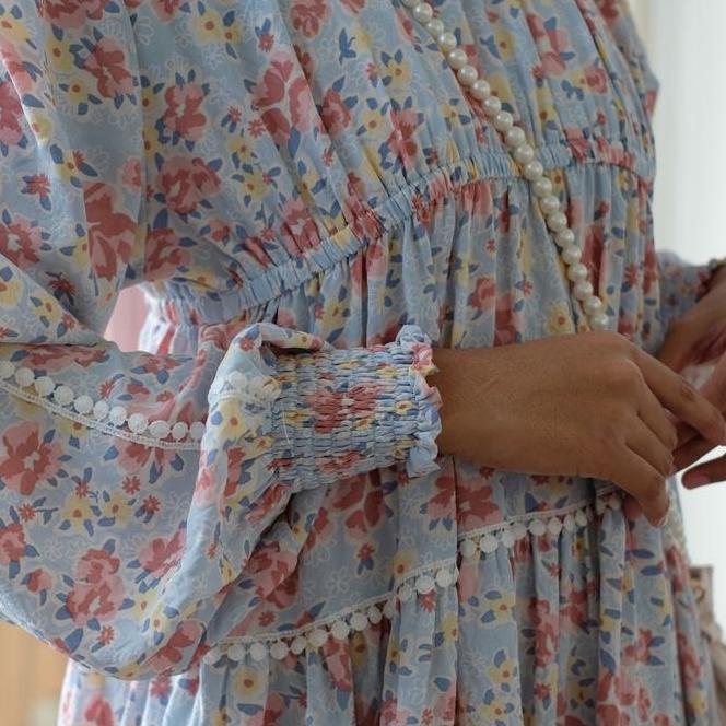 Eclemix Dress Euna | Baju Wanita Vintage Motif Bunga | Gamis Wanita Lengan Kerut