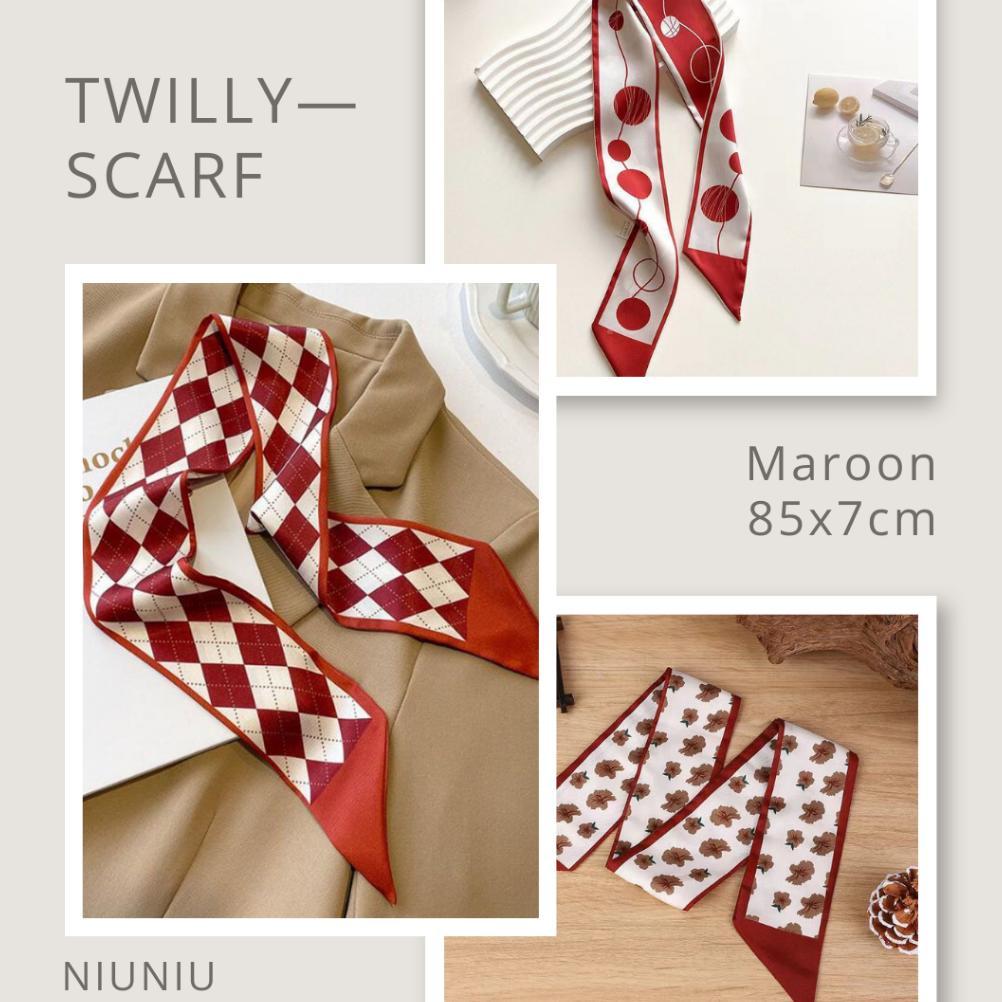 Twilly Scarf/Scarf Tas/Pita Rambut Wanita/Motif Maroon