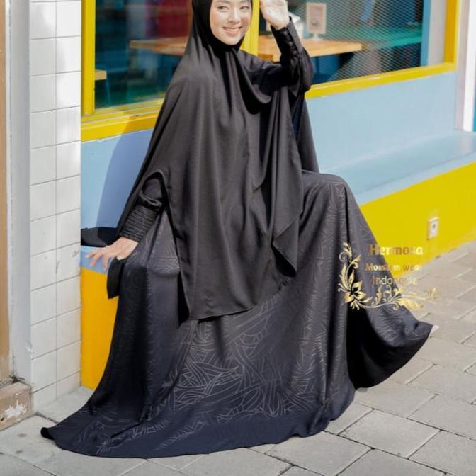 [Gamis hermosa] Gamis embos hermosa motif abstrak bahan yoris caltri warna hitam-gamis hitam umbrell