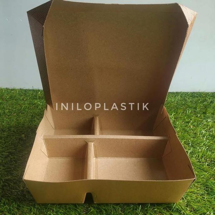 Lunch box sekat 4 Coklat Eco kraft laminasi / Paper Lunch Box Kraft Sekat 4
