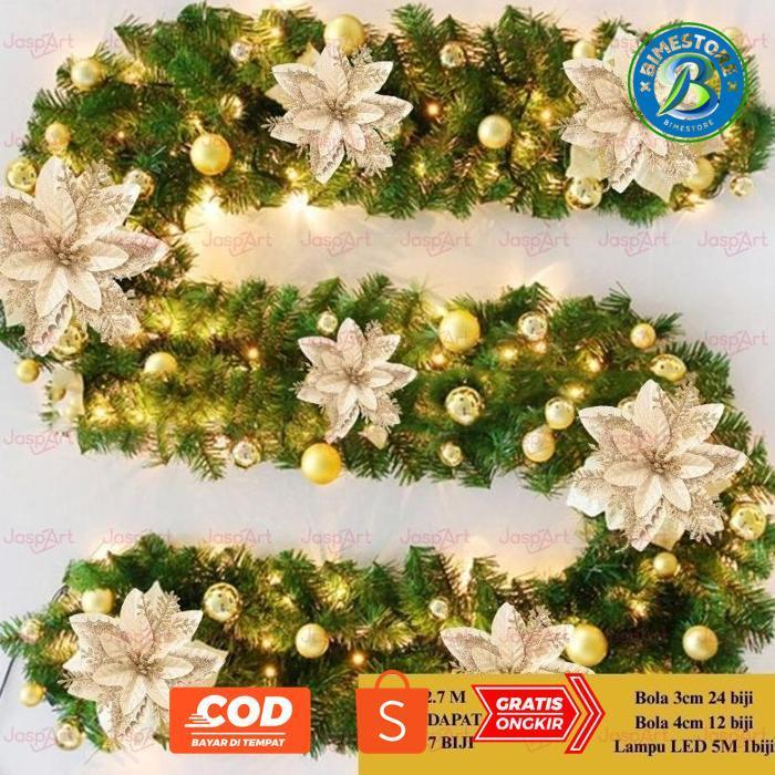 JH85 Garland Natal Daun Garland Hijau Aksesoris Pohon Natal Hijau panjang 2,7 Meter Garland PVC full