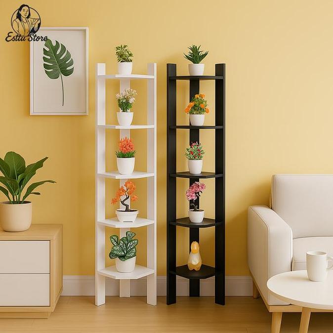 Esttu Store Rak Bunga Sudut 5 Susun Tinggi 120 cm Bahan Playwood Minimalis Multifungsi Serbaguna Coc
