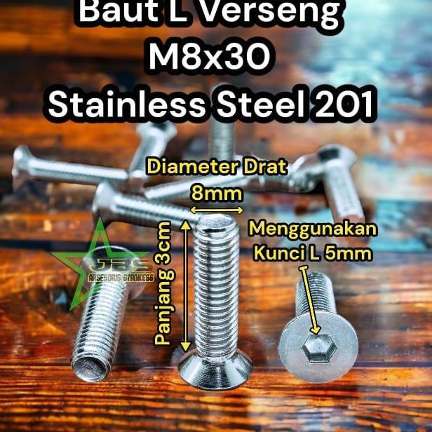 BAUT L VERSENG M8x30 STAINLESS 201 - COUNTERSUNK