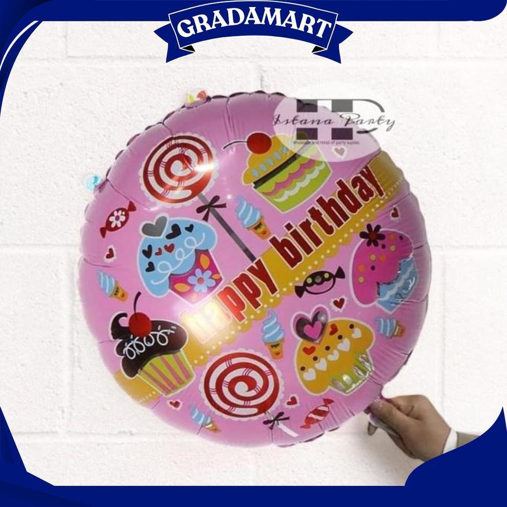 Balon Foil Bulat Cupcake / Balon Foil Happy Birthday Motif Cupcake Ip Promo Puncak