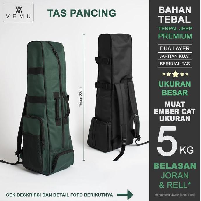 VEMU Tas Pancing Premium Bahan Tebal Terpal Jeep 80cm Dua Layer Jahitan Kuat Muat Ember Cat 5kg Bela