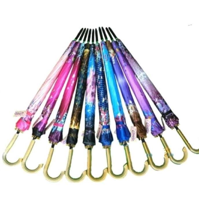 Payung Panjang 16 Jari Saten/Payung Warna Motif Bunga Batik Random