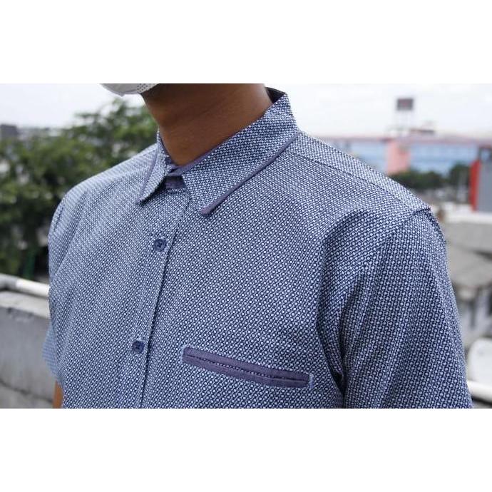 Kemeja Pria Lengan Pendek Biru Motif Bintik Putih Contempo 04 murah