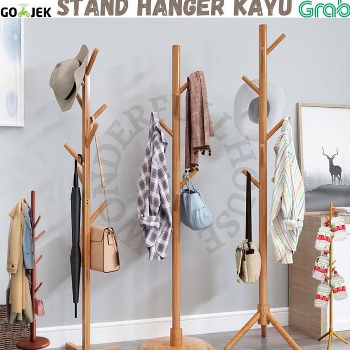 Standing Hanger Kayu Gantungan Baju Topi Tas Serbaguna Gantungan Kayu