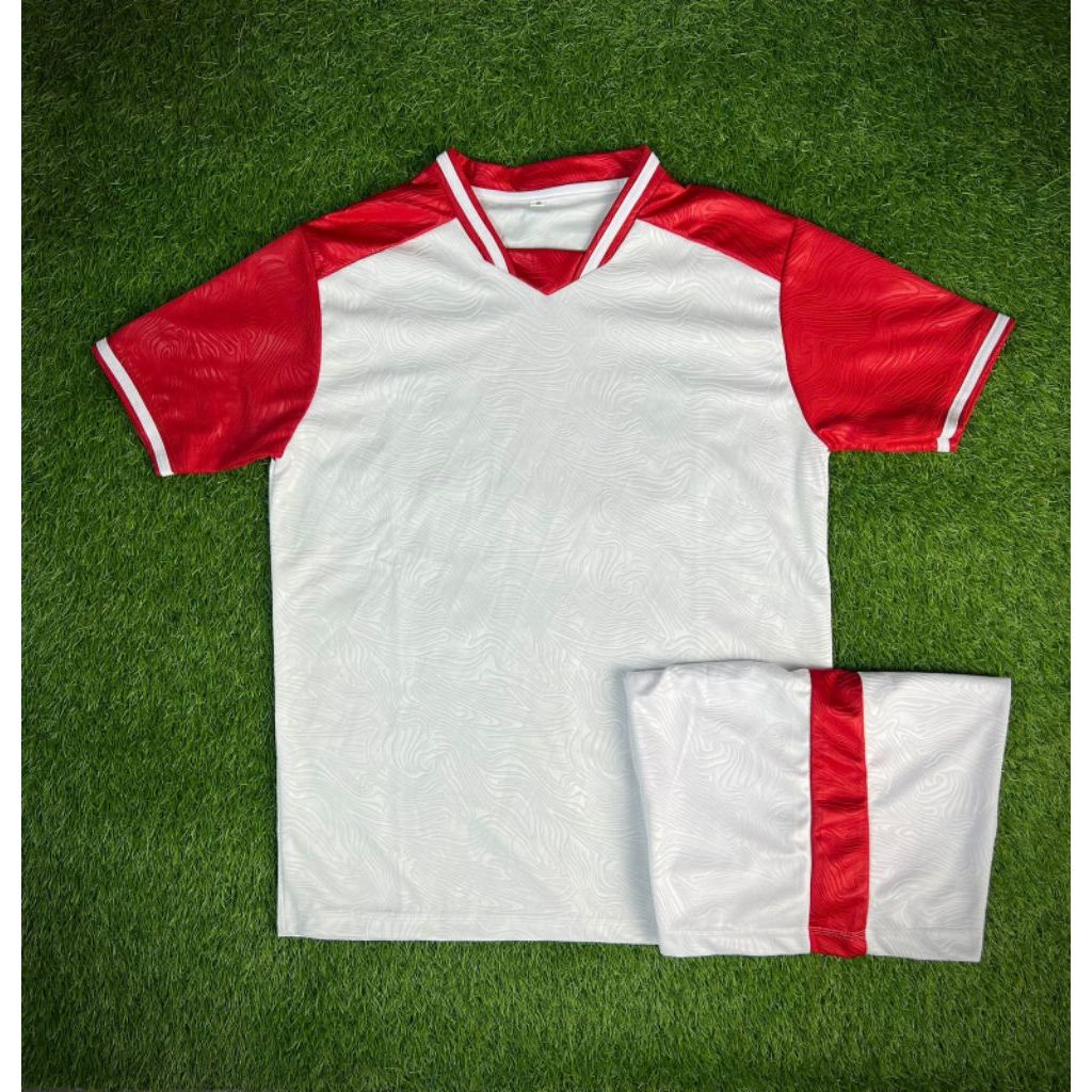 EMBOSH - JERSEY BOLA SETELAN FUTSAL PUTIH MERAH BAJU BOLA KERAH