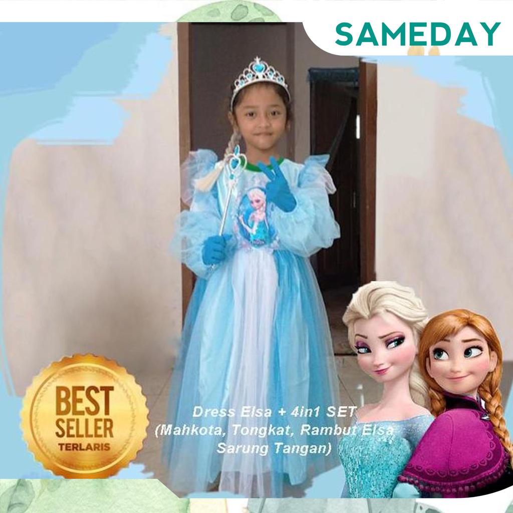 Gaun Baju Dress Frozen Anak 4 5 Tahun + 4In1 Elsa Set Import Terlaris Grab