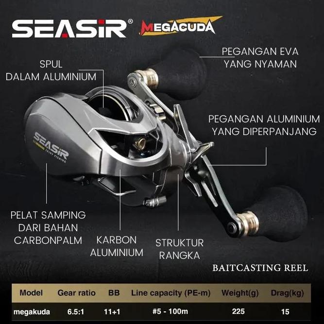 SEASIR MEGACUDA Reel Pancing Casting Umpan, Rangka Aluminium Logam Kiri/Kanan + Sisi Karbon Gagang G