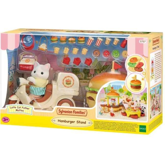 Mainan Boneka Sylvanian Families Hamburger Stand Plus Motor Latte Cat Father 30 Aksesoris