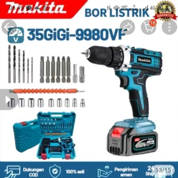 Makita Bor Batrai 35GiGi-9980VF Listrik dengan Paket Aksesori Lengkap & Baterai 18V 5.0Ah