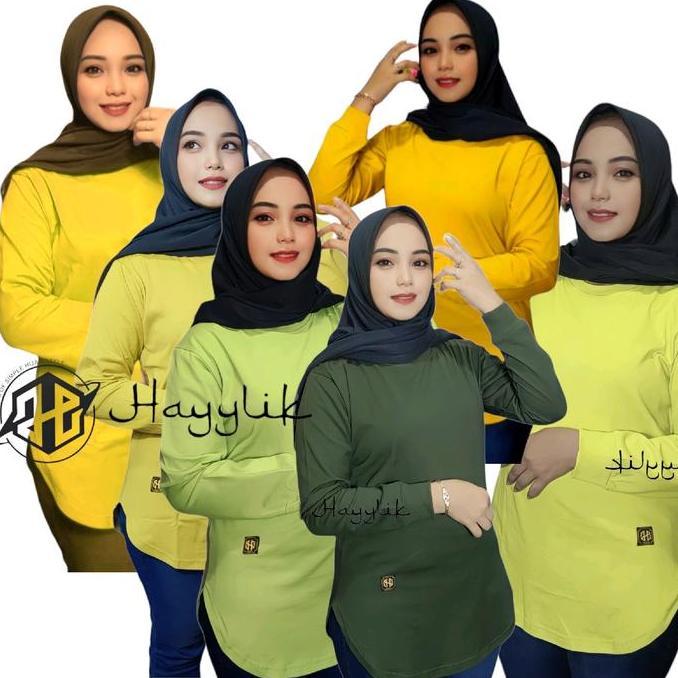 Kaos wanita cantik hijau army lemon mustard jaya fashion top hayylik muslimah olahraga cerah Atasan 