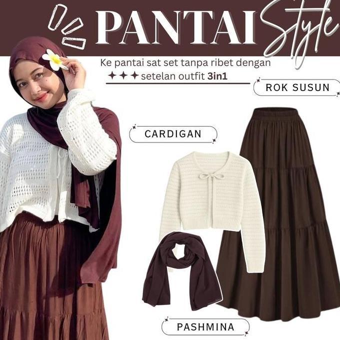 Outfit Pantai Wanita One Set Hijab Pashmina Ceruty & Cardigan Outer Jaring & Rok Susun Coklat 24A Te
