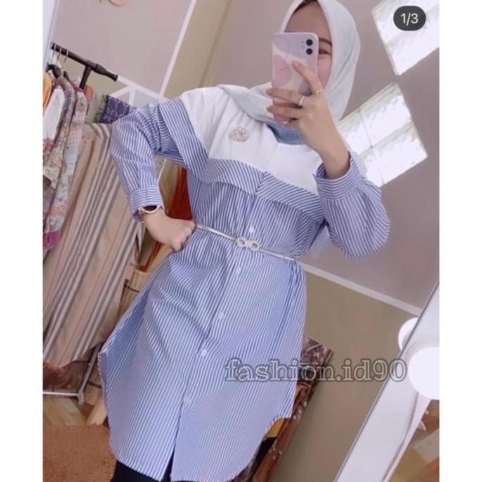 FASHION.ID90 TUNIK KEMEJA KOMBINASI KEMEJA SALUR BIRU 2068