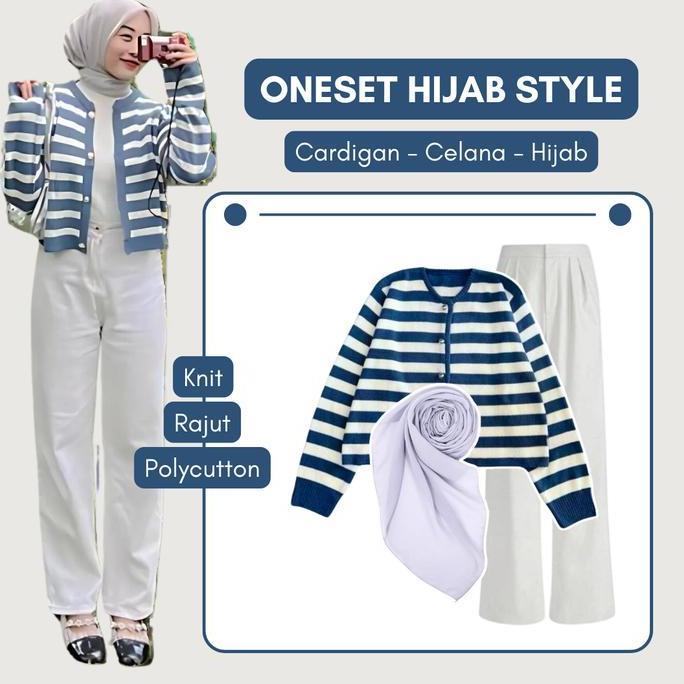 One set Wanita Kekinian Korean style Cardigan Strip - Celana - Hijab Outfit Remaja - LB039 Atasan Ba