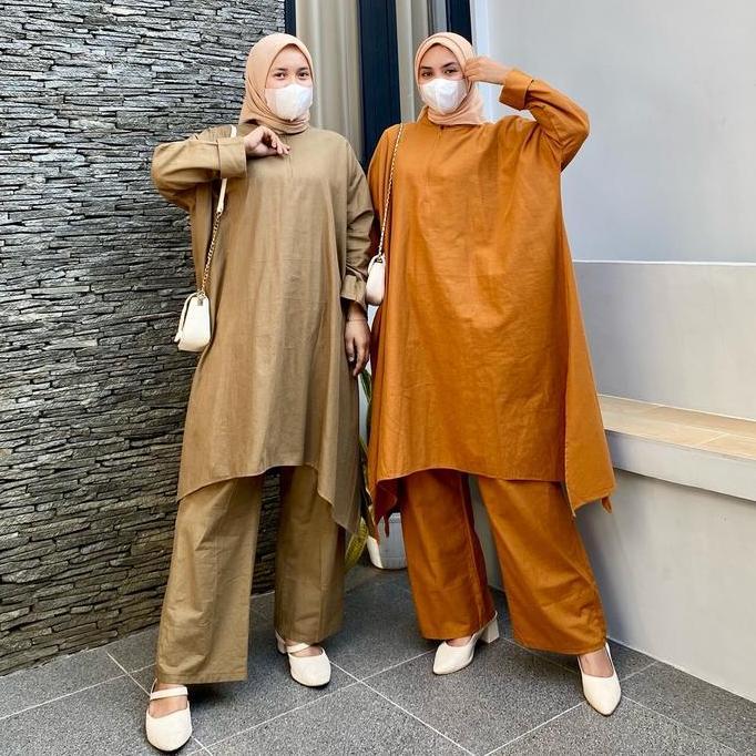 Delia Set Celana - Set Long Tunik Celana Katun Linen Jumbo by KIRANIA
