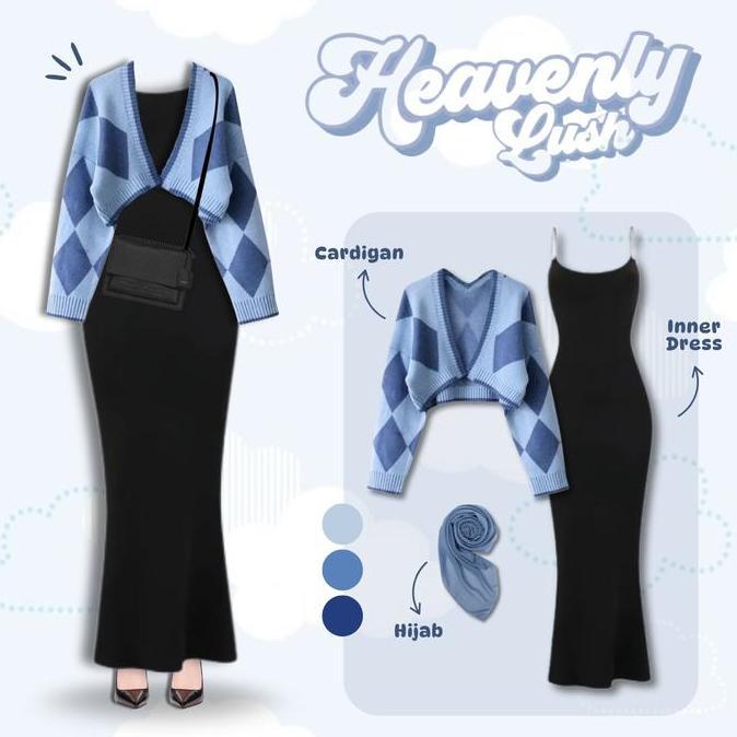 Korean Style One Set 3 in 1 | Cardigan Rajut Biru + Inner Dress Slim-Fit + Bella Square Denim | UC68
