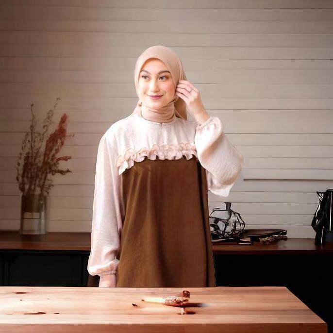 One Set Tunik Setelan Crinkle Kombinasi Santorini Tangan Panjang Tunik Kekinian Simmer Rempel Bagian