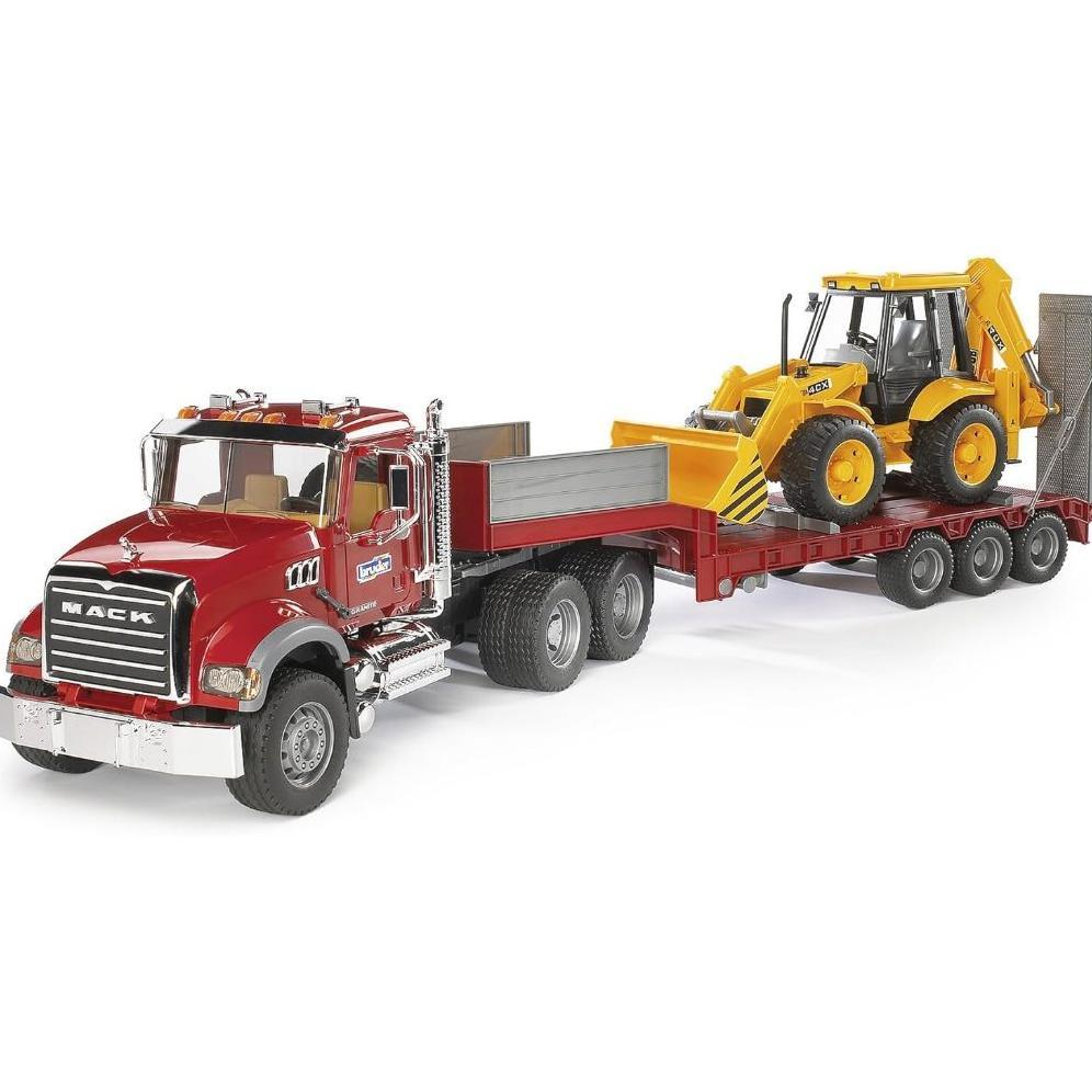 Bruder Toys 02813 Mack Granite Flatbed Truck with JCB Loader Backhoe