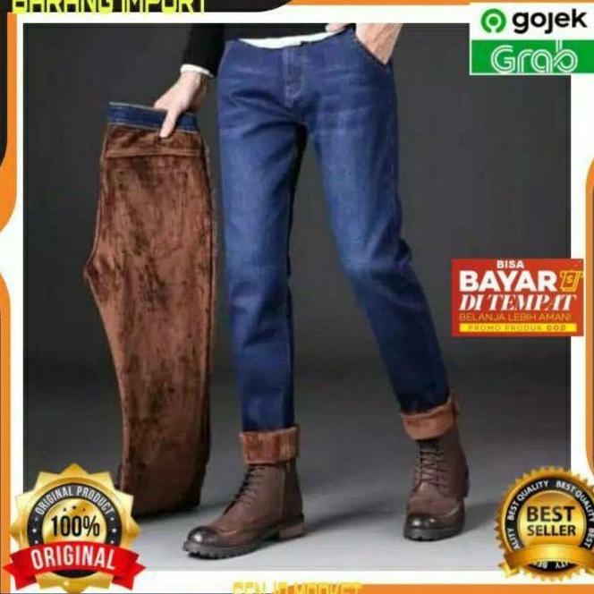 Celana Jeans Winter Pria Longjohn Musim Dingin Thermal Tebal Fashion Pria