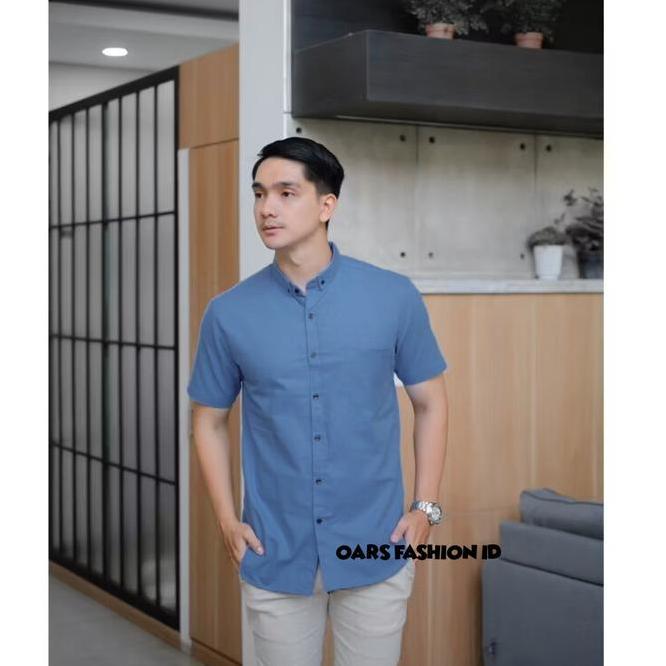 Kemeja Polos Warna Denim Bahan Katun Lengan Panjang Pendek Pria Casual Slimfit Jumbo Hem Cowok Baju 