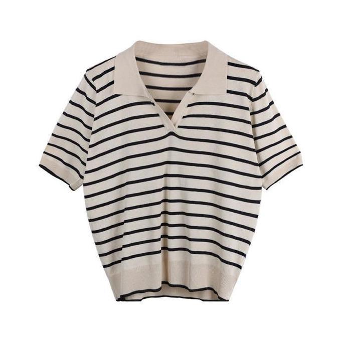BLOUSE WANITA KOREA STRIPE Hitam Navy Baju rajut salur wanita Atasan knitwear basic