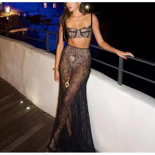 Mela Lace Outer Set Crop Top Maxi Skirt Woman Korean Summer Set Beachwear Bali Setelan Pantai Wanita