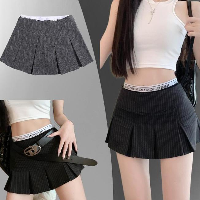 Rok Bergaris Retro Rok Aramping Rok Lipit Kasual Gaya Korea Rok Pendek Untuk Wanita