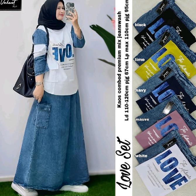 LOVA SET/BAJU SETELAN WANITA DEWASA ATASAN KAOS COMBED BAWAHAN ROK CARGO PANJANG JEANS WASH /ONE SET