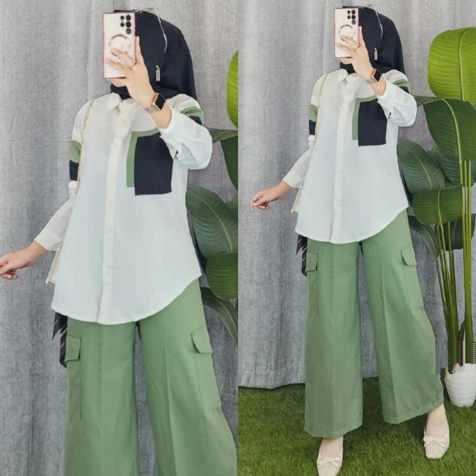 Ummana One Set Setelan Wanita Celana Cargo Crinkle Airflow Kekinian Dewasa Remaja