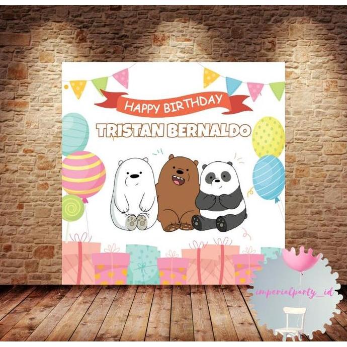 Miliki Custom Backdrop Banner Spanduk Happy Birthday We Bare Bears White