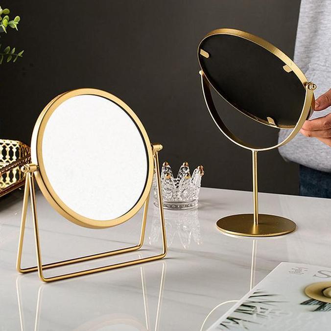 Kaca Rias Make Up / Cermin Rias Meja Bulat / Make Up Mirror / Kaca Elegan dan Minimalis Warna Gold