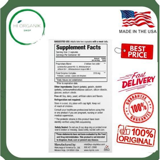 Kyolic Kyo Dophilus Enzyme + Probiotic 2 Billion Cfu 120 Capsules Original