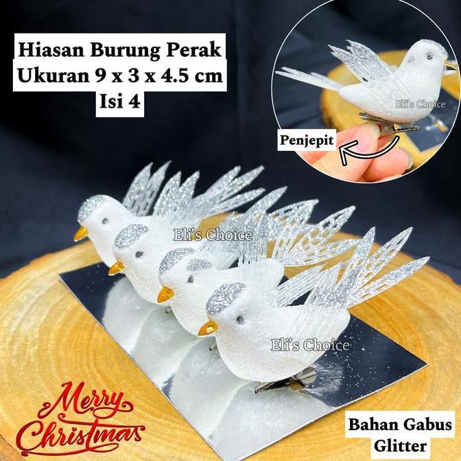 Hiasan Burung Putih Glitter Jepit SET 4 / Burung Merpati Hias Dekorasi Pohon Natal
