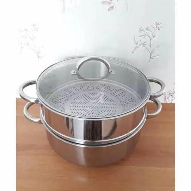 Super Steamer 40 cm 2 Susun Supra Stainless Panci Kukusan Tutup Kaca