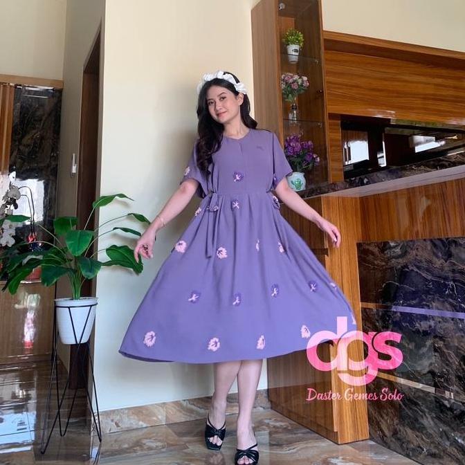 Daster Maudy Dress Pompom Crinkle Airflow Tali Resleting Depan Motif Plui Rempel Flare Skirt Fit Len