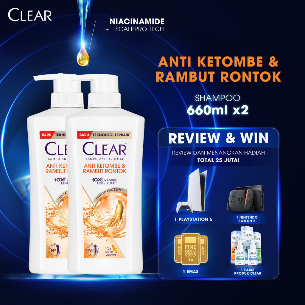 CLEAR Shampoo Anti Ketombe & Rambut Rontok, diperkaya dengan Ginseng 10x rambut lebih kuat lawan ron