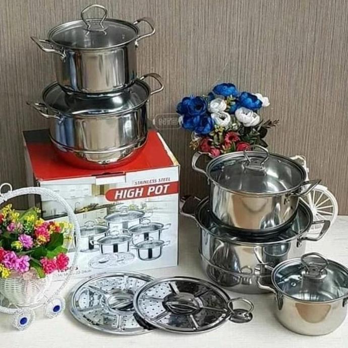 panci set high pot isi 5/panci set steamer tutup kaca isi 5 in 1/ Panci set highpot 10pcs stainless 