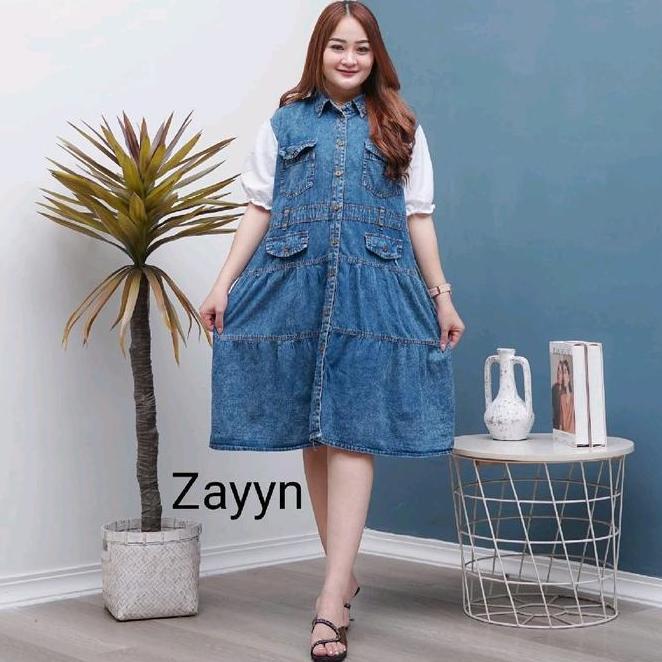 Serena Dres Jeans Kombinasi Katun Baju Wanita  Ada Tali Pinggang Fre -Belt