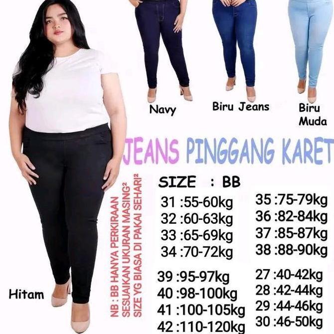 Celana Jeans Wanita Pinggang Karet Panjang Melar Tebal Elastis Ngaret Hitam Polos Putih Slim-Fitting