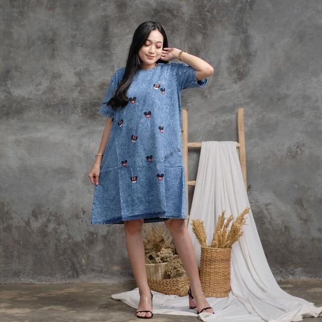 Denim Dress Daster Jeans Casual Wanita Polos Santai Tunik Panjang