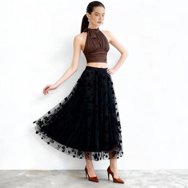 Rok Tutu Midi Wanita Hitam Motif Bunga 4450 Mein