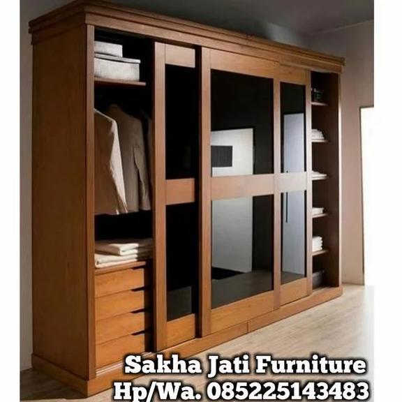 Terlaris Lemari Pakaian 4 Pintu Kayu Jati Minimalis Sleding Plus Finising