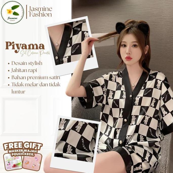 DS244 - Baju Tidur Wanita Jasmine Fashion ID Set Piyama Pendek Wanita Satin Korea Motif Floral Elega