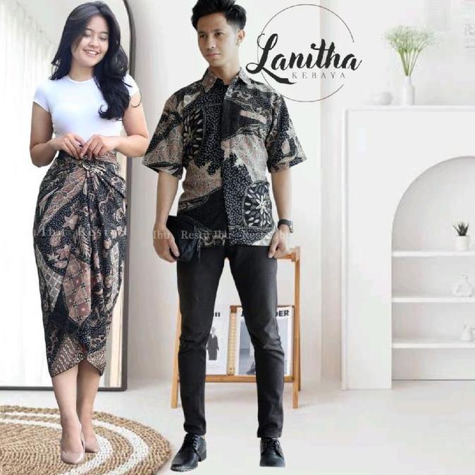DI111 - Batik Couple Pasangan Batik couple Modern Kemeja Pendek Bawahan Kebaya Couple Batik Rok Lili