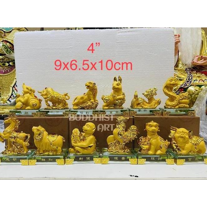 Patung 12 Shio Emas Naga Macan Ular Kelinci Ayam Anjing Fiber 4 Inch